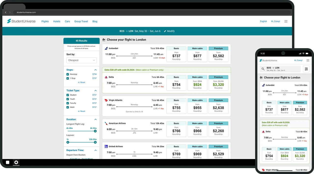 Flight search results