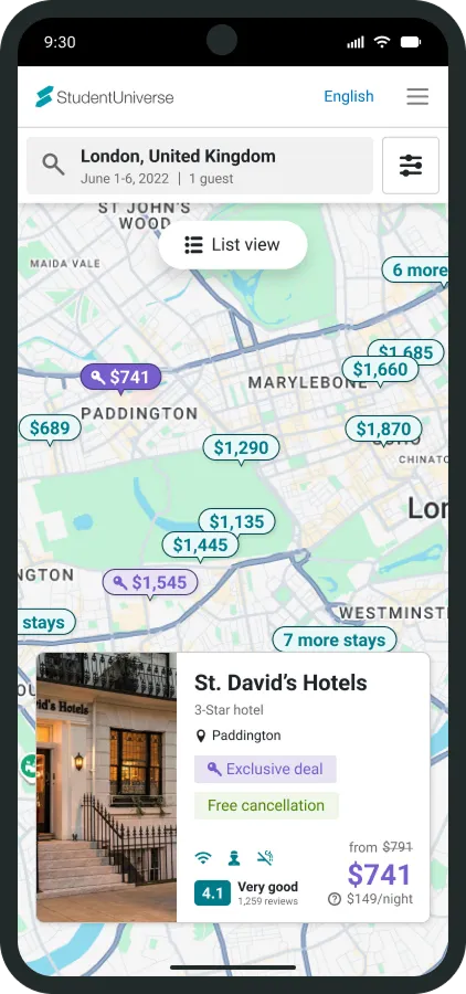 Hotel search map view with selected hotel